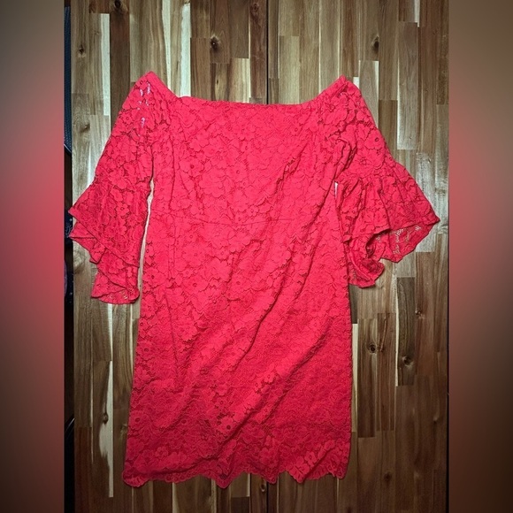 Eloquii Red Lace Fitted Shift Dress Off the Shoulder Bell Flare Sleeves Size 18 - Picture 2 of 9